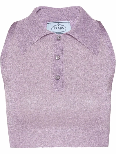 Prada 金银丝针织短款polo衫 In Purple
