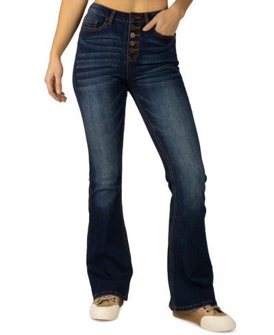 Indigo Rein Juniors' High-rise Exposed-button Flare-leg Denim Jeans In Dark Blue