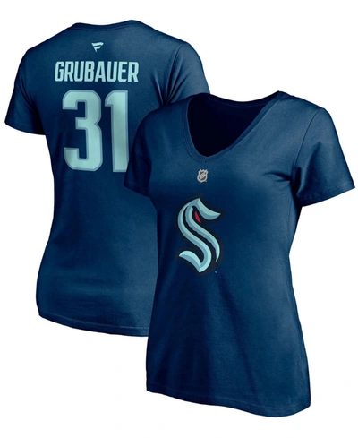 Fanatics Women's Philipp Grubauer Deep Sea Blue Seattle Kraken Authentic Stack Name And Number V-neck T-shirt