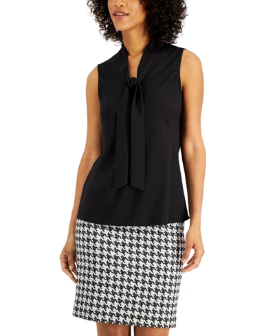 Kasper Plus Size Tie-neck Sleeveless Top In Black