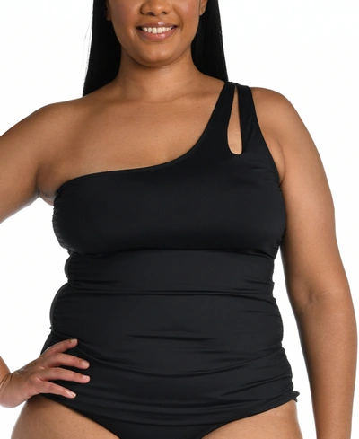 La Blanca Plus Size Island Goddess One Shoulder Keyhole Tankini Top Bottoms In Black