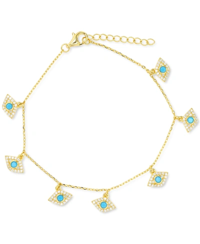 Macy's Cubic Zirconia & Nano Turquoise Evil Eye Charm Bracelet In 14k Gold-plated Sterling Silver In Gold Over Silver