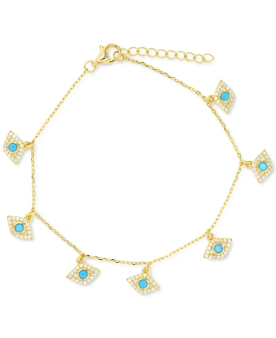 Macy's Cubic Zirconia & Nano Turquoise Evil Eye Charm Bracelet In 14k Gold-plated Sterling Silver In Yellow