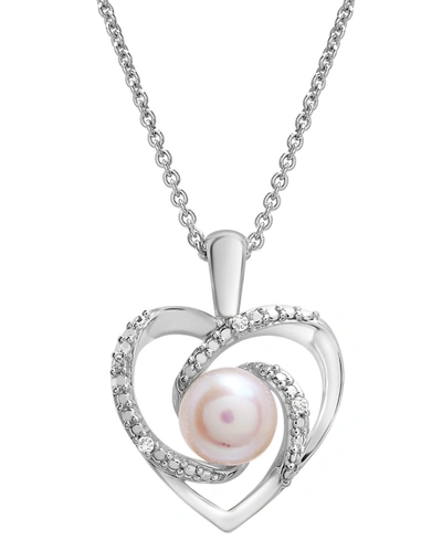 Macy's Cultured Freshwater Pearl (6mm) & Diamond Accent Swirl Heart 18" Pendant Necklace In Sterling Silver