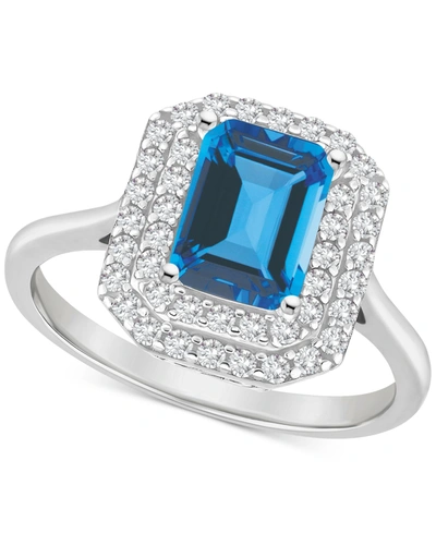 Macy's Rhodolite Garnet (2 Ct. T.w.) & White Topaz (1/2 Ct. T.w.) Rectangle Halo Ring In Sterling Silver (a In Blue Topaz