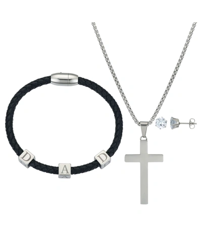 He Rocks Men's Stainless Steel Dad Bracelet With Cross Pendant Necklace And Cubic Zirconia Earring Set, 3 Pie In Silver-tone