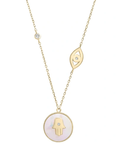 Macy's Mother-of-pearl (10mm) & Cubic Zirconia Hamsa Hand & Evil Eye Pendant Necklace In 14k Gold-plated St In Gold Over Silver