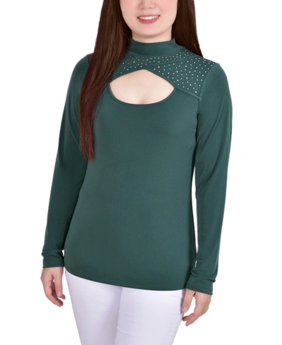 Ny Collection Petite Long Sleeve Studded Mock Neck Top In Green