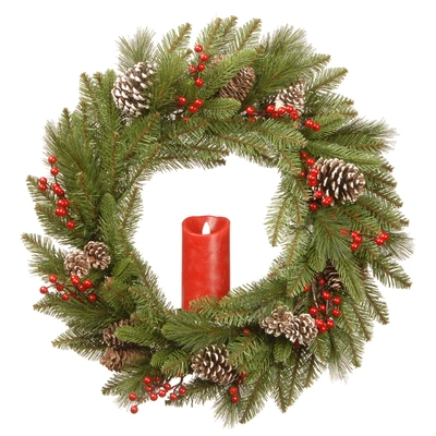 National Tree Company 24" Feel Real Bristle Berry Wreath With Red Electronic Candle, Red Berries & Cones In Green
