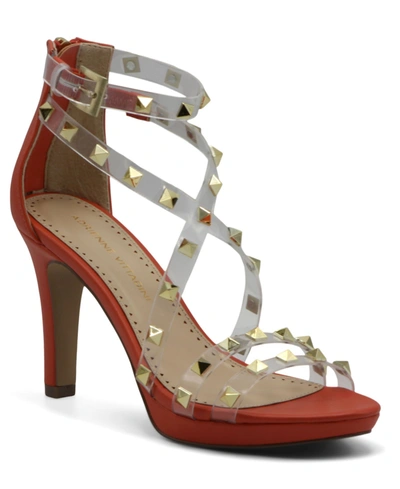Adrienne Vittadini Women's Gravie Strappy Studded High Heel Dress Sandals Women's Shoes In Coral Clear