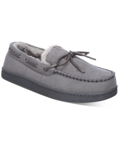 Club Room Men's Faux-suede Moccasin Slippers With Faux-fur Lining, Created For Macy's In Grey