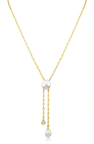 Cz By Kenneth Jay Lane Round Cubic Zirconia And Pearl Chain Necklace In White/ Clear/ Gold