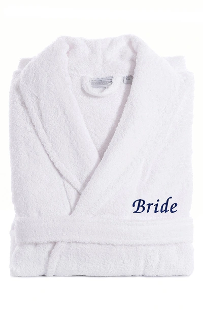 Linum Home Textiles Navy Embroidered 'bride' Terry Bathrobe In White