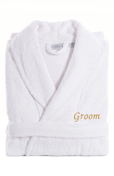 Linum Home Textiles Gold Embroidered 'groom' Terry Bathrobe In White