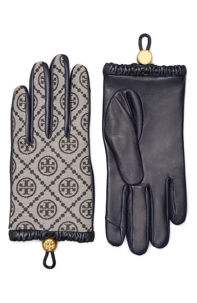 Tory Burch T Monogram Jacquard & Leather Gloves In Navy