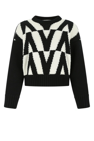 Valentino White And Black Wool Jacquard Jumper In Black/ivory