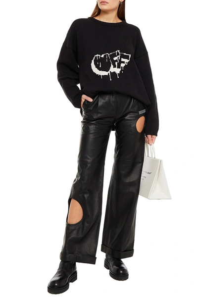 Off-white Cutout Printed Leather Wide-leg Trousers In Black