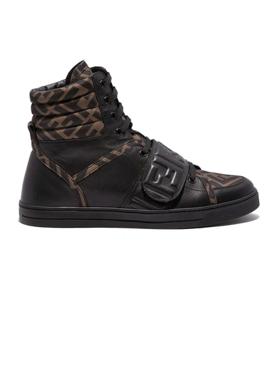 Fendi Kids' Black And Brown Leather Hi-top Sneakers In Nero