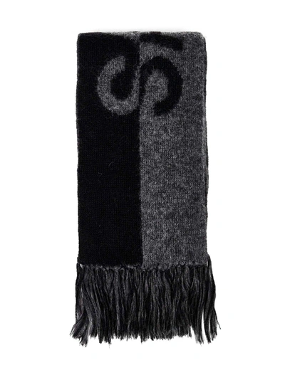 Saint Laurent Fringed Two-tone Jacquard-knit Wool-blend Scarf In Black Grey