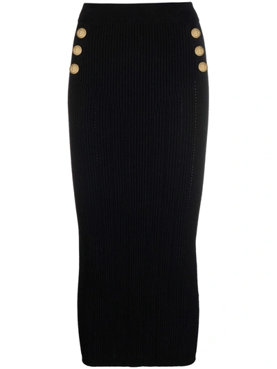 Balmain Decorative-buttons Ribbed Pencil Skirt In Black