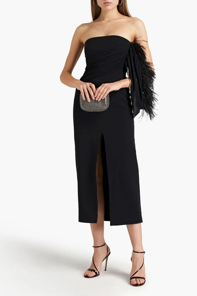 David Koma One-shoulder Feather-trimmed Draped Cady Midi Dress In Black