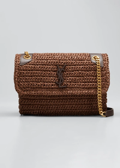 Saint Laurent Niki Ysl Monogram Medium Crocheted Shoulder Bag In Brown New Nut