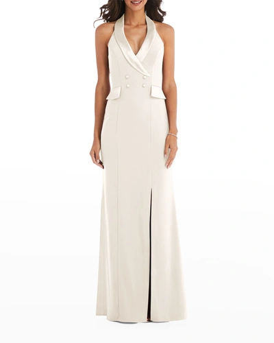 After Six Halter Tuxedo Gown W/ Front Slit In White