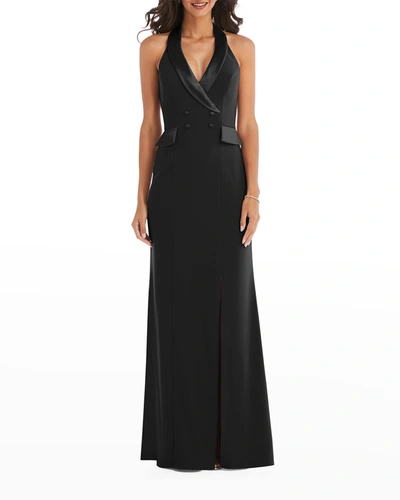 After Six Halter Tuxedo Gown W/ Front Slit In Black