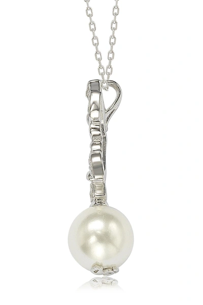 Suzy Levian Sterling Silver Cz Pave 10mm Cultured Freshwater Pearl Butterfly Shape Pendant Necklace In White