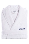 Linum Home Textiles Navy Embroidered 'groom' Terry Bathrobe In White