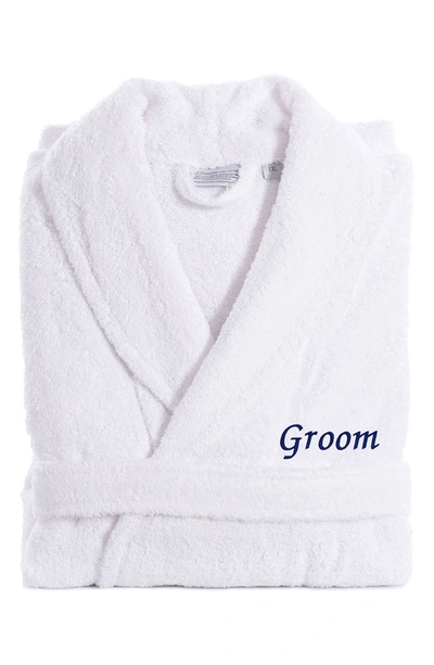 Linum Home Textiles Navy Embroidered 'groom' Terry Bathrobe In White