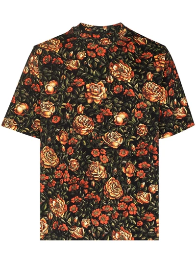Kenzo Floral-print Cotton T-shirt In Black,orange,green