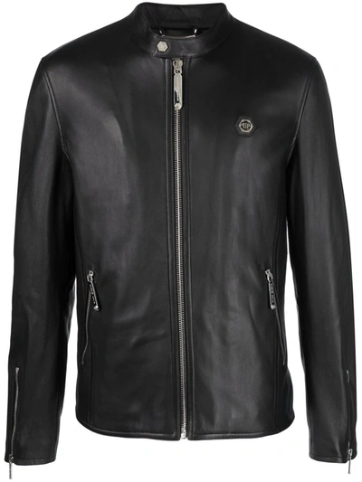 Philipp Plein Logo Zipped Biker Jacket In Brown