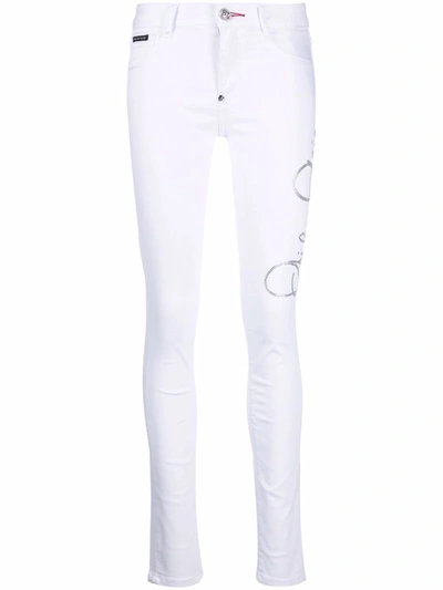 Philipp Plein Signature Embellished Skinny Jeans In White