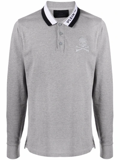 Philipp Plein Logo Skull Print Polo Shirt In Grau