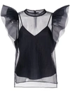 Jonathan Simkhai Corina Organza Ruffle Sleeve Crew Neck Top In Schwarz