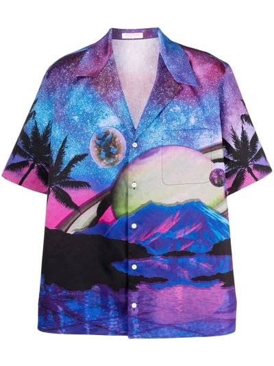 Valentino Short-sleeve Water Sky Printed Shirt In Blue,fuchsia