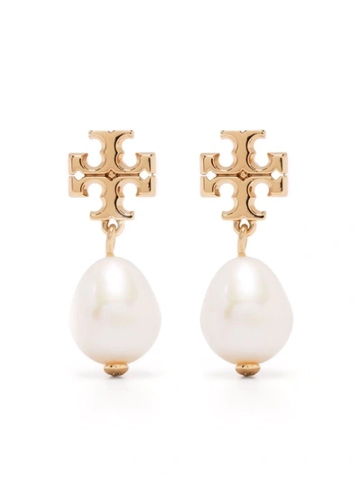 Tory Burch Logo Pearl Drop Earrings In Gold