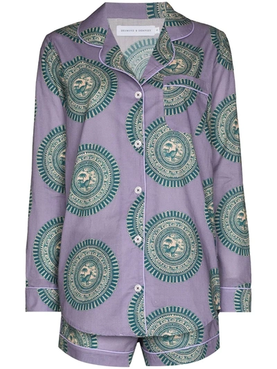 Desmond & Dempsey Kiwi Stamp Cotton Pyjama Set In Purple
