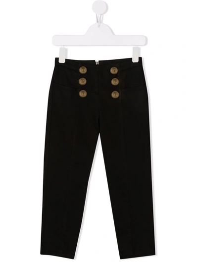 Balmain Kids' Button-embossed Slim-fit Trousers In 黑色