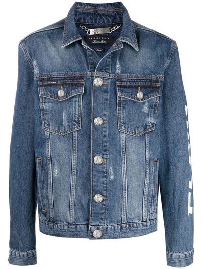 Philipp Plein Distressed Denim Jacket In Blue