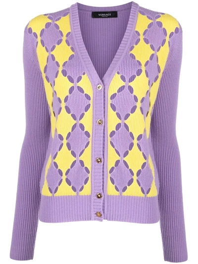 Versace Two-tone Ribbed Open-knit Cashmere Cardigan In Purple