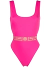 Versace Greek Key Belt One-piece Swimsuit In Fuchsia