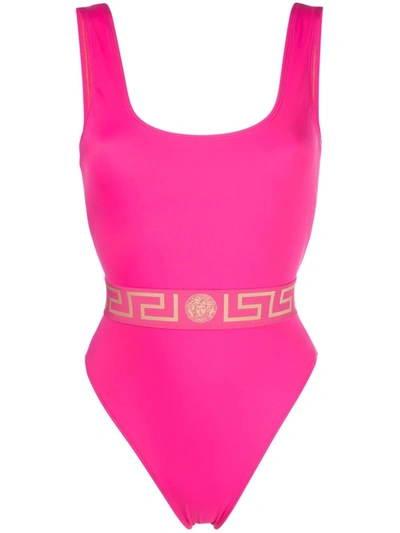 Versace Greek Key Belt One-piece Swimsuit In Pink