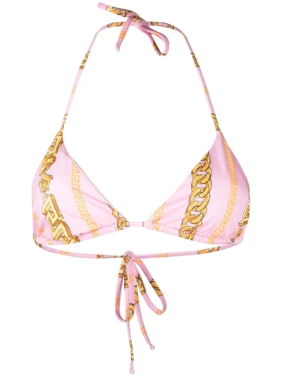 Versace Chain Pinstripe Triangle Bikini Top In Pink