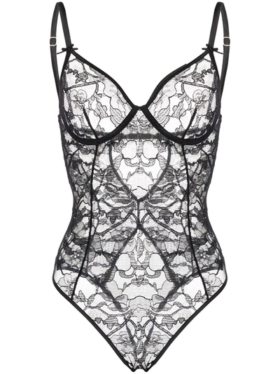 Fleur Du Mal Magnolia Lace Ouvert Bodysuit In 黑色