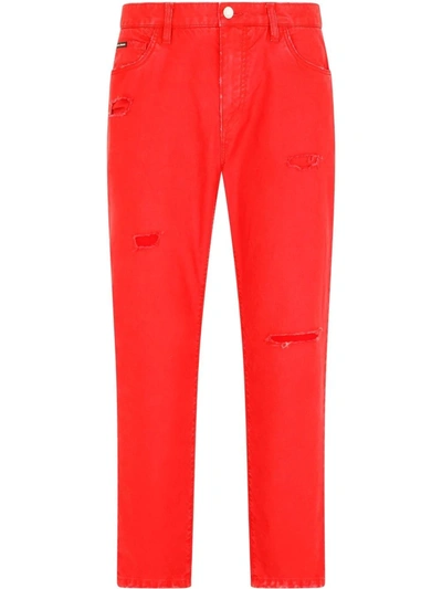 Dolce & Gabbana Straight-leg Distressed Jeans In Red