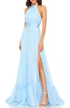 Mac Duggal High Neck Tiered Chiffon Halter Gown In Sky Blue