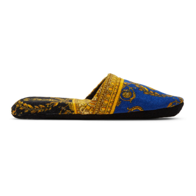 Versace Blue & Gold I Love Barocco Slippers In Blue Gold