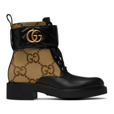 Gucci Gg Marmont Round-toe Leather And Canvas Ankle Boots In Black